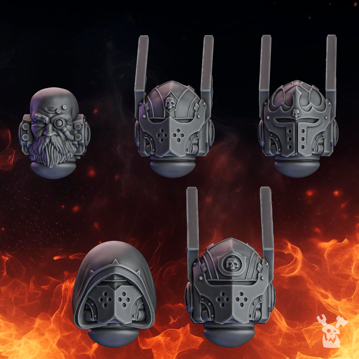 Pactum Aeternum Knight head bits by DakkaDakka, showing five gothic sci-fi miniature head styles with helmets, hood, skull details, and veteran face option.