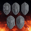 Pactum Aeternum Knight shield bits by DakkaDakka, showing five gothic sci-fi resin shields with chains, banners, relic details, wings, and lion iconography.