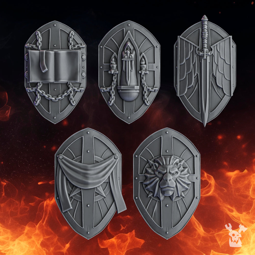 Pactum Aeternum Knight shield bits by DakkaDakka, showing five gothic sci-fi resin shields with chains, banners, relic details, wings, and lion iconography.