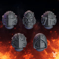 Pactum Aeternum Warden head bits by DakkaDakka, showing five gothic sci-fi miniature head styles for conversions and custom tabletop infantry.