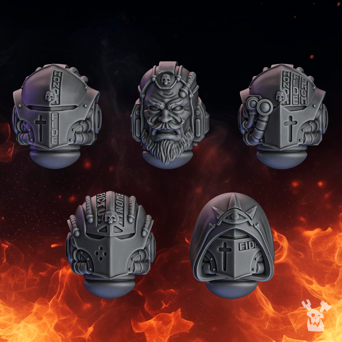 Pactum Aeternum Warden head bits by DakkaDakka, showing five gothic sci-fi miniature head styles for conversions and custom tabletop infantry.