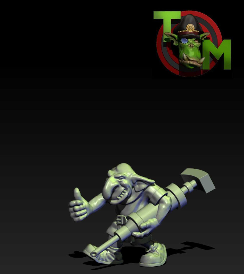 Guttertech Scrap Medic goblin helper miniature by Trollet Miniatures, showing a small sci-fi goblin assistant carrying oversized scrap-tech medical equipment.
