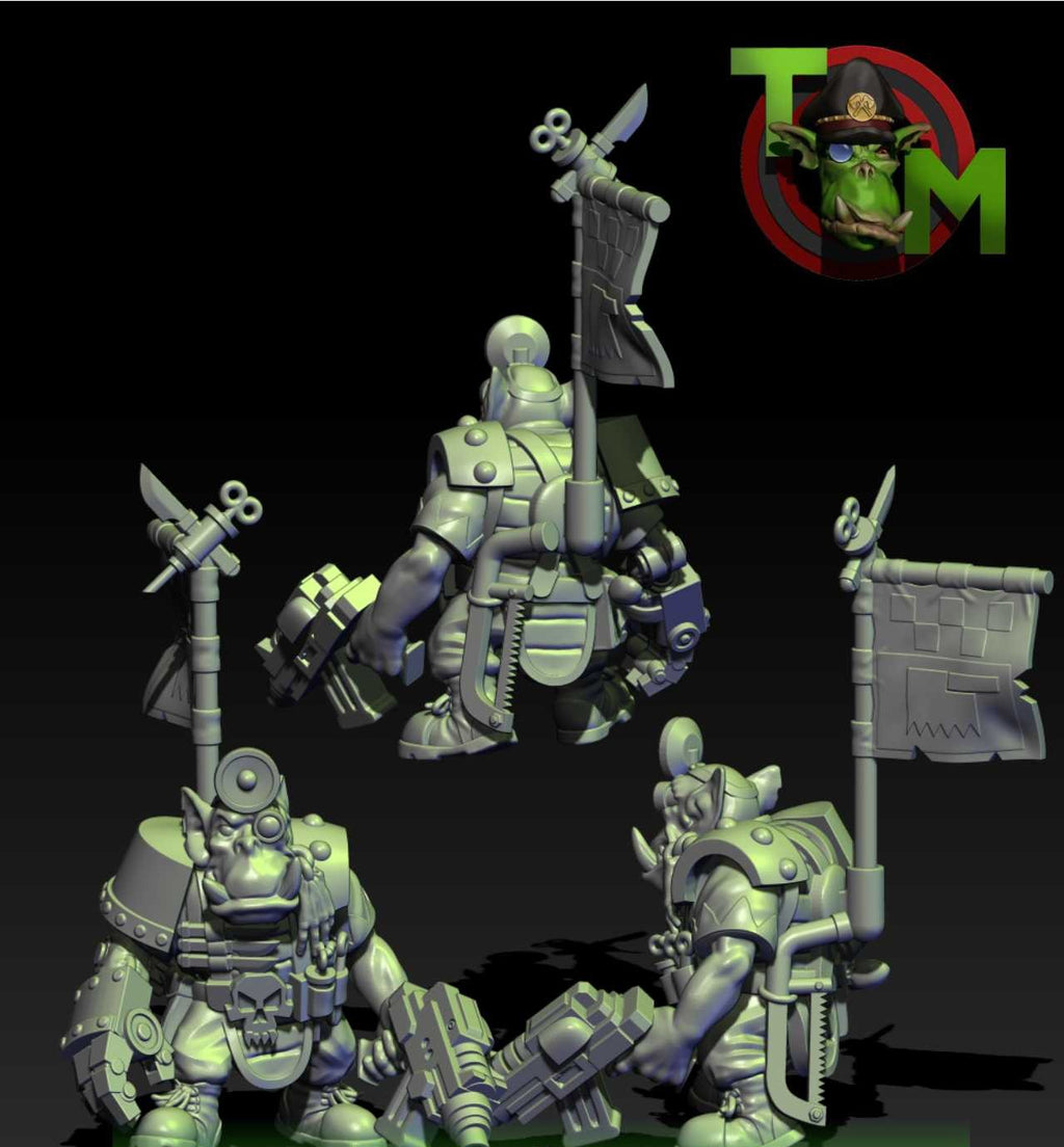 Guttertech Scrap Medic by Trollet Miniatures, showing all 3 sides of a sci-fi orc field medic with tools, banner details, backpack gear, and scrap-tech equipment.