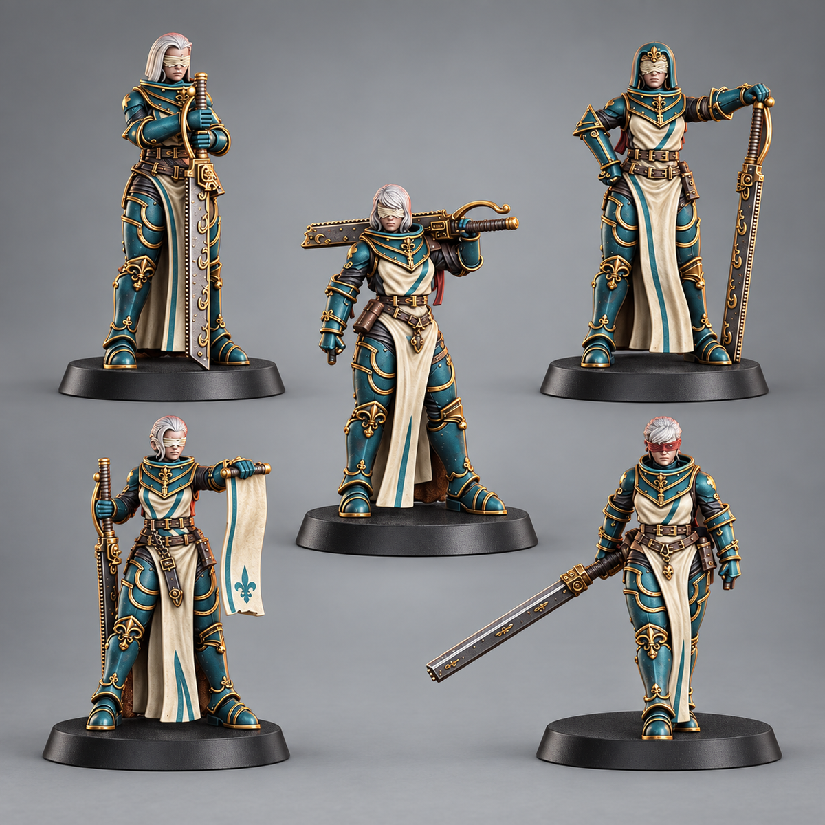 Poenitentiam Battle Sisters painted sci-fi resin miniatures by DakkaDakka in teal, ivory, and gold.