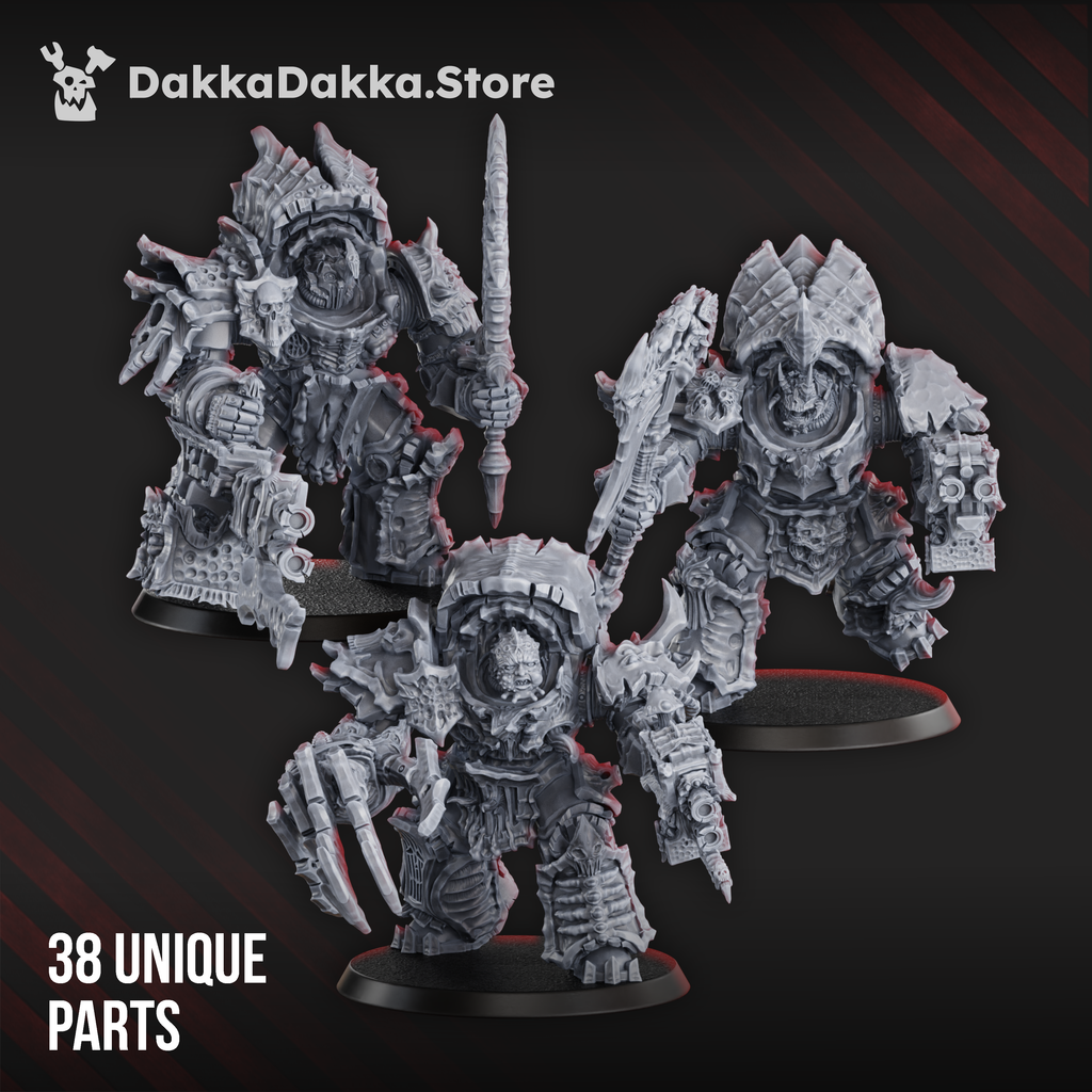 Pandemic Destroyer Squad by DakkaDakka, showing assembled corrupted sci-fi heavy infantry miniatures with plague armor, brutal weapons, skull details, and mutated plating.