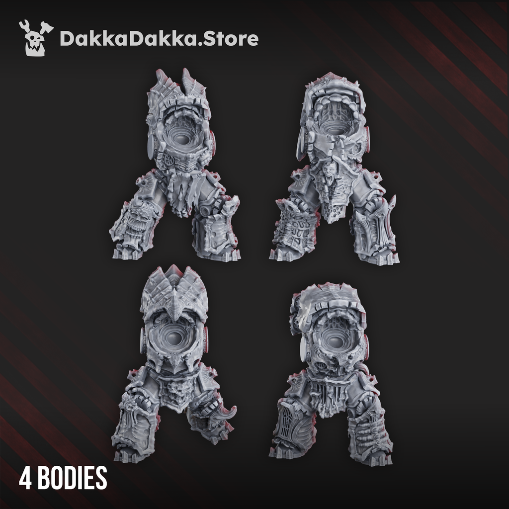 Pandemic Destroyer Squad body options by DakkaDakka, showing four modular corrupted sci-fi heavy infantry bodies with damaged armor and mutated details.