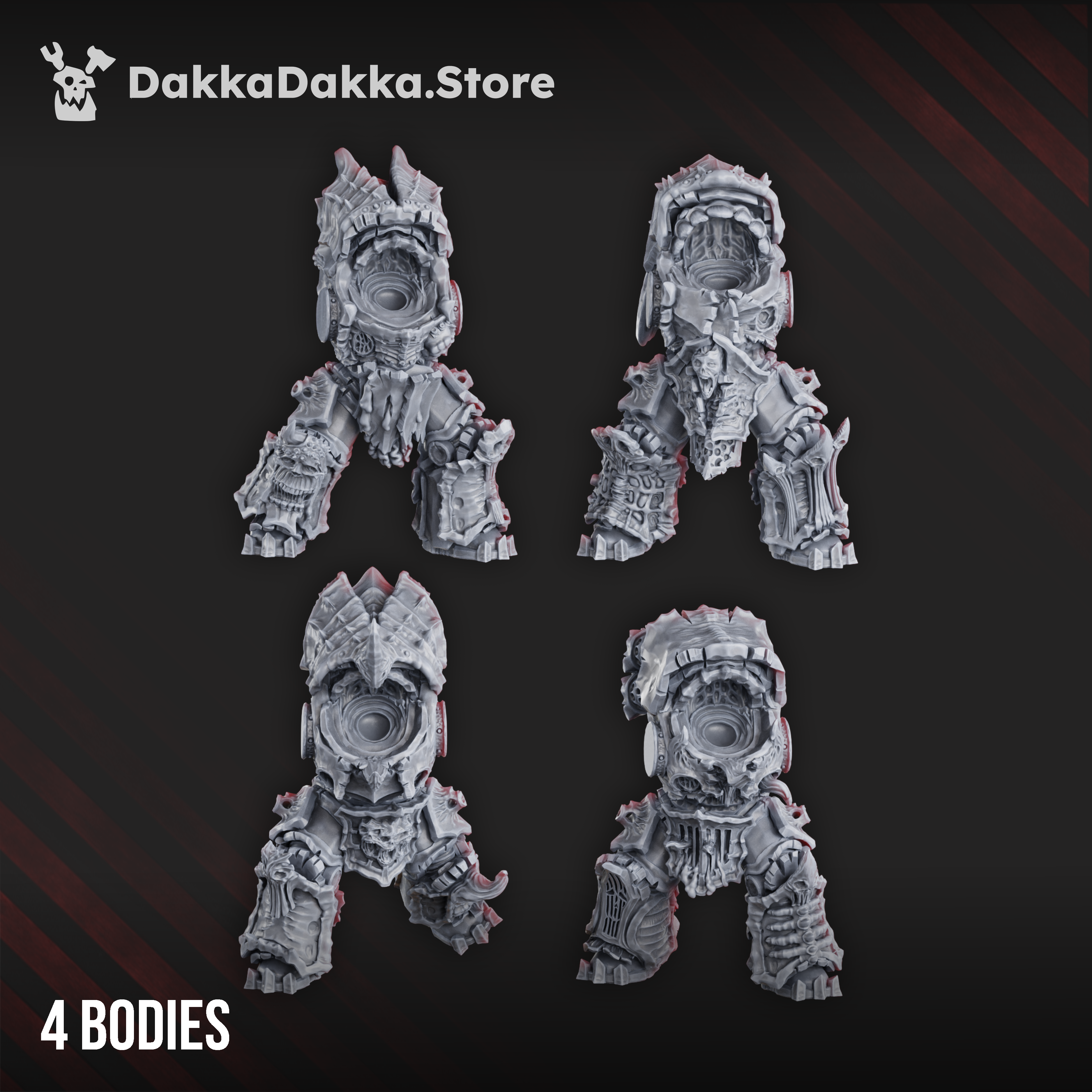 Pandemic Destroyer Squad body options by DakkaDakka, showing four modular corrupted sci-fi heavy infantry bodies with damaged armor and mutated details.