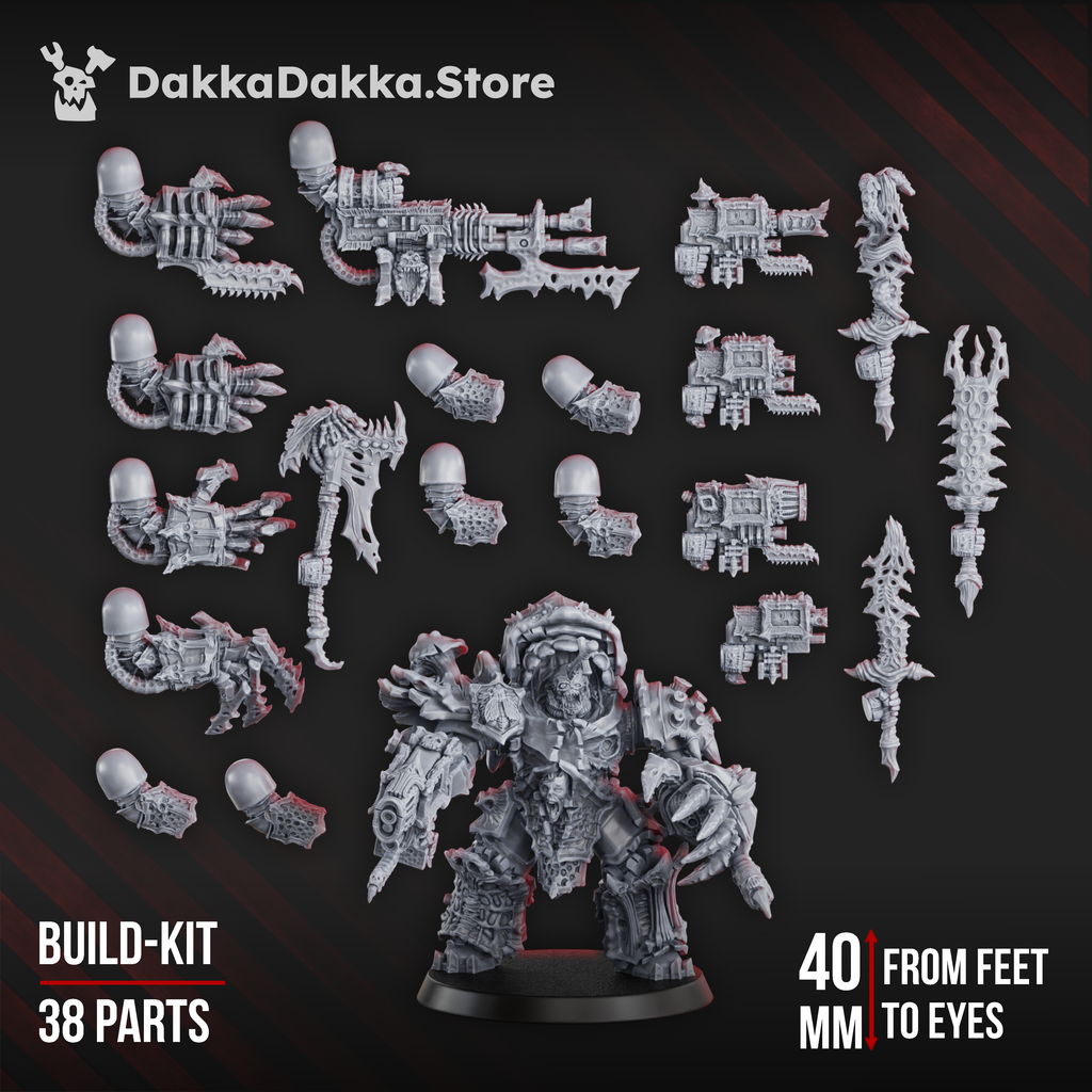 Pandemic Destroyer Squad Build Kit by DakkaDakka, showing 38 modular resin parts used to build four corrupted sci-fi heavy infantry miniatures.