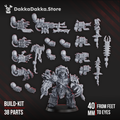 Pandemic Destroyer Squad Build Kit by DakkaDakka, showing 38 modular resin parts used to build four corrupted sci-fi heavy infantry miniatures.