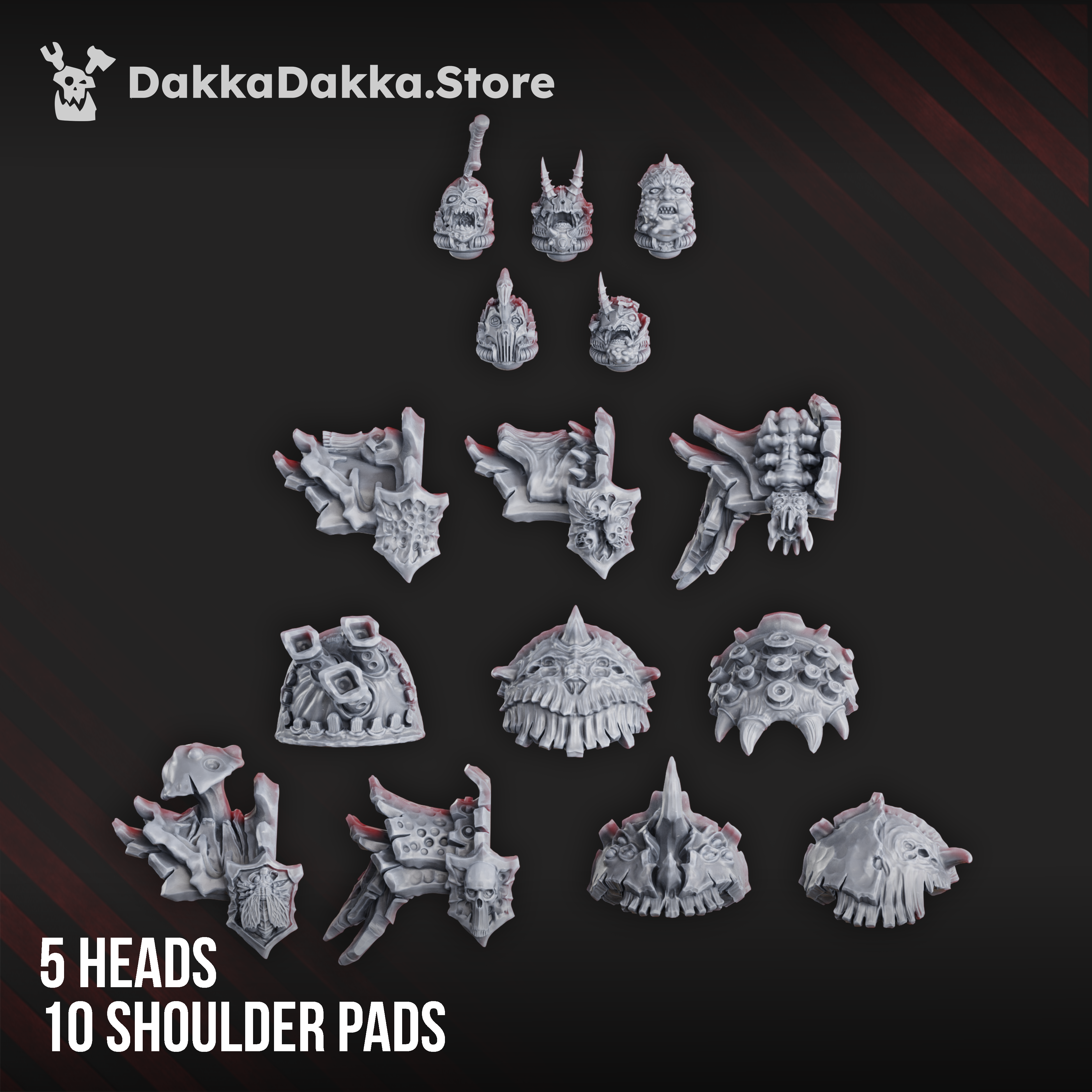 Pandemic Destroyer Squad head and shoulder options by DakkaDakka, showing five corrupted sci-fi heads and ten detailed shoulder pads with skulls, spikes, and mutated armor.
