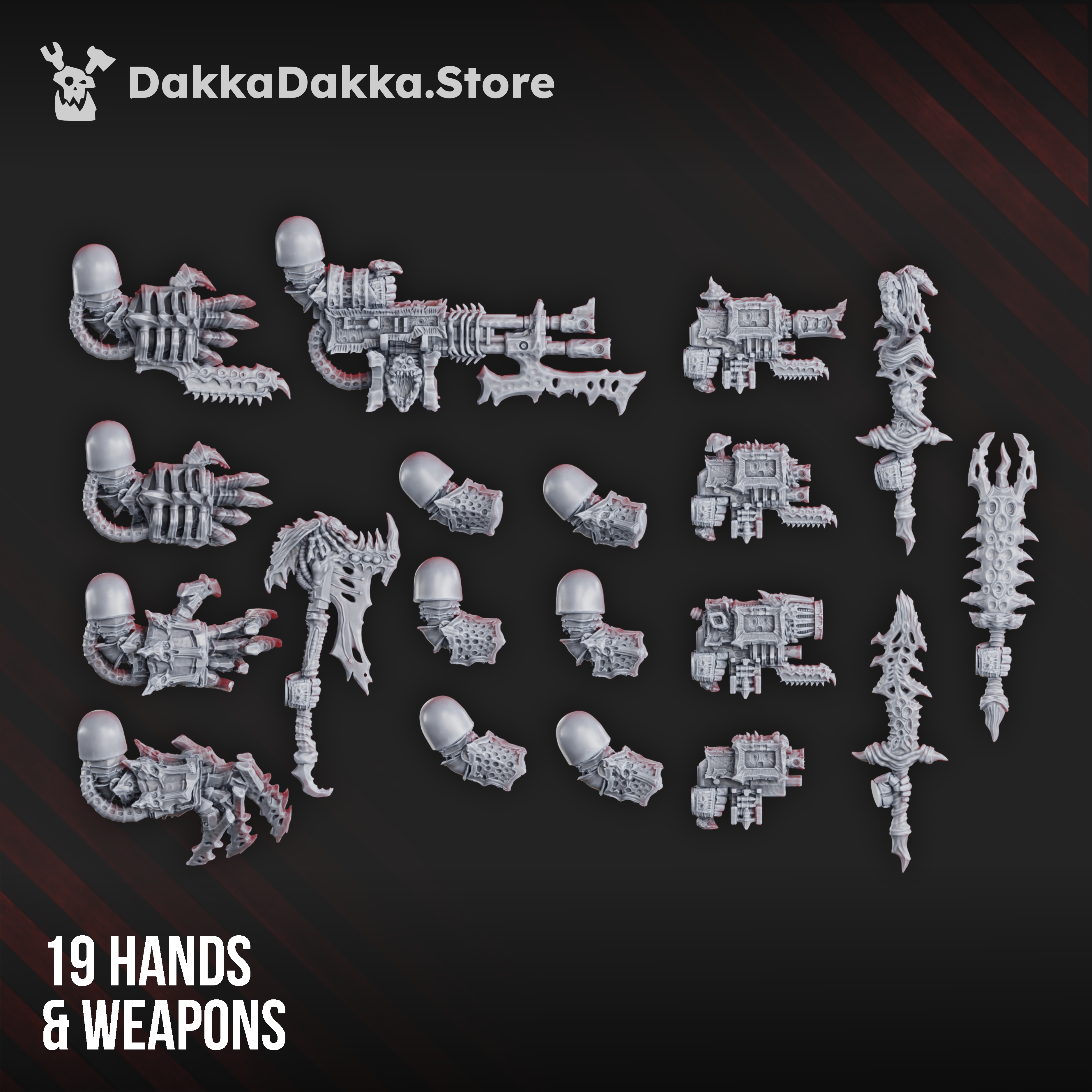 Pandemic Destroyer Squad weapon and arm options by DakkaDakka, showing 19 modular corrupted sci-fi hands and weapons with heavy guns, blades, claws, and staff-like weapons.