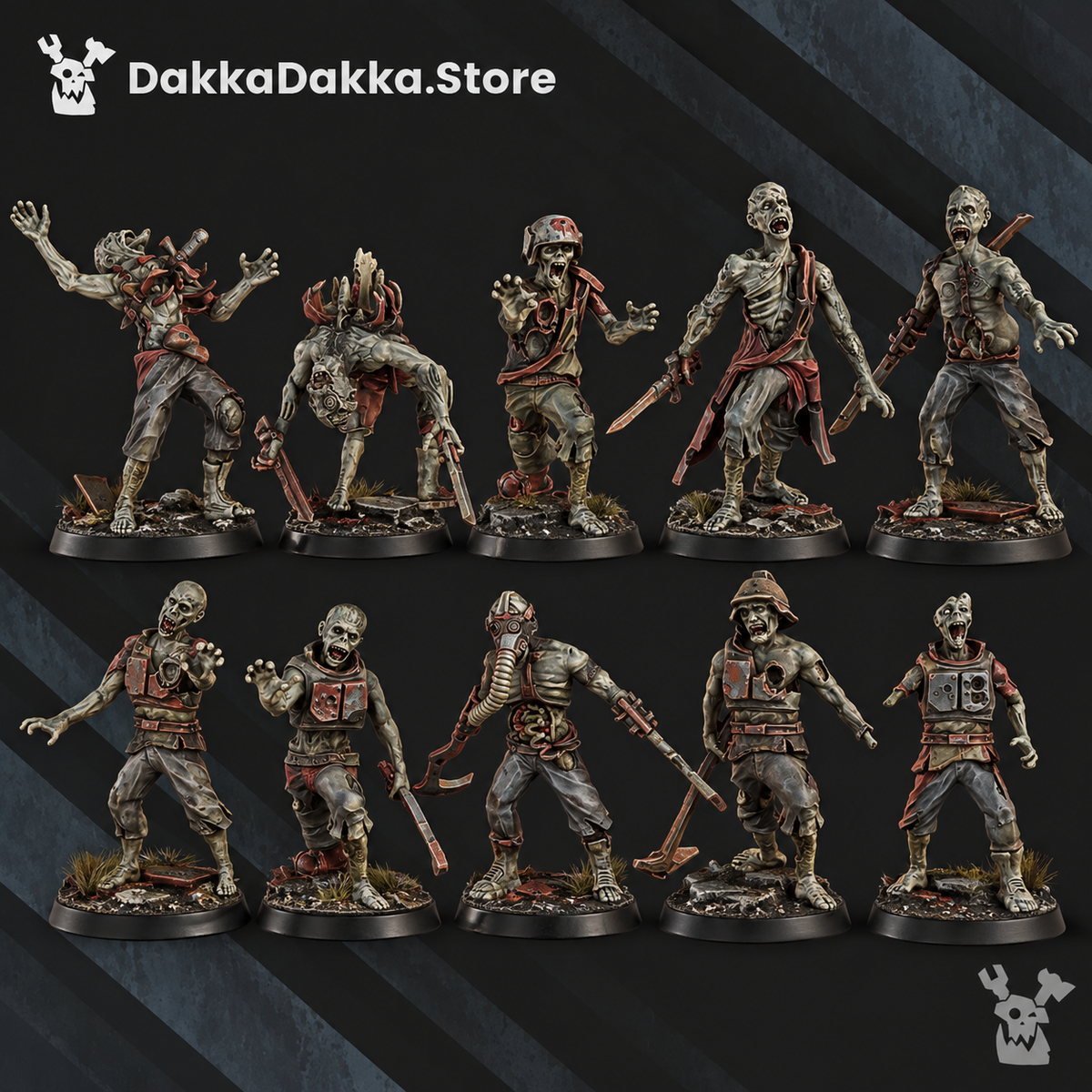 Painted Pandemic Zombies squad of 10 post-apocalyptic undead miniatures on scenic round bases.