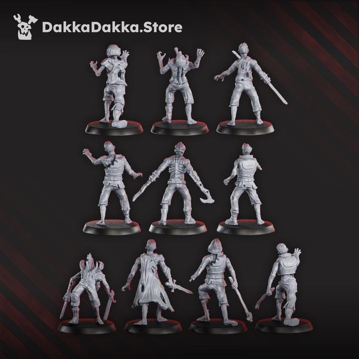 Rear view of all 10 unpainted Pandemic Zombies miniatures, showing backpacks, torn clothing, gear, and varied poses.