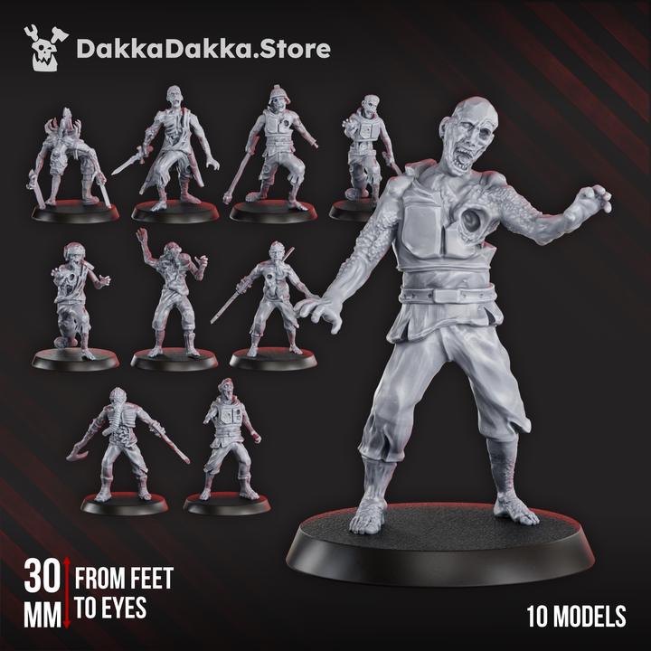 Full unpainted Pandemic Zombies squad showing 10 distinct undead miniatures and a 30mm feet-to-eyes scale callout.