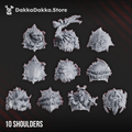 Pandemonium No. 2 shoulder pads by DakkaDakka, showing ten corrupted sci-fi resin shoulder pad bits with chains, spikes, ribbed armor, skull details, and mutated textures.
