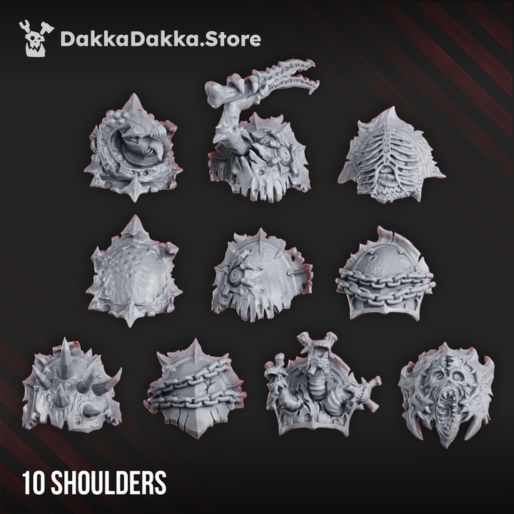 Pandemonium No. 2 shoulder pads by DakkaDakka, showing ten corrupted sci-fi resin shoulder pad bits with chains, spikes, ribbed armor, skull details, and mutated textures.