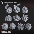Pandemonium No. 3 shoulder pads by DakkaDakka, showing ten corrupted sci-fi resin shoulder pad bits with spikes, chains, exposed ribbing, teeth, bone textures, and mutated armor details.