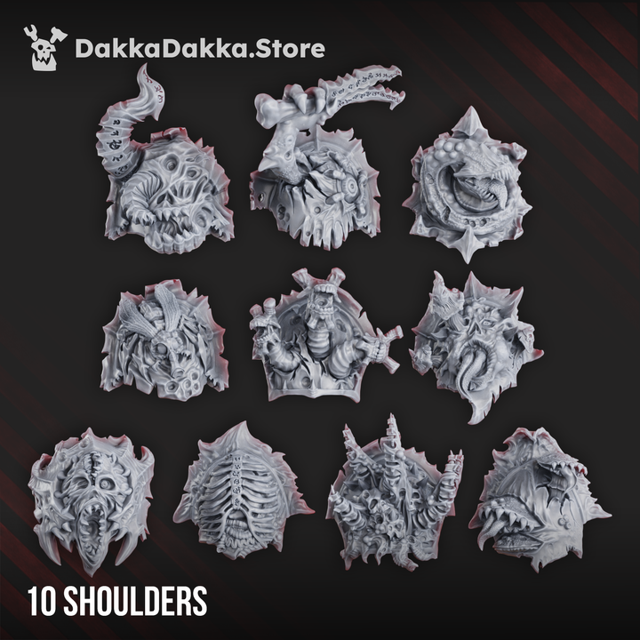 Pandemonium No. 3 shoulder pads by DakkaDakka, showing ten corrupted sci-fi resin shoulder pad bits with spikes, chains, exposed ribbing, teeth, bone textures, and mutated armor details.