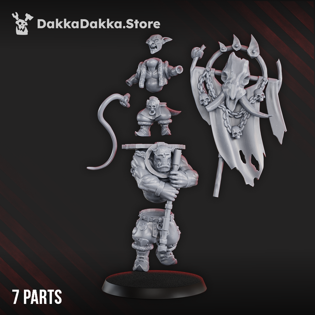 Seven-part Porkaz Banna Boy miniature set showing the orc banner bearer, goblin overseer, whip, massive skull-covered standard, body sections, and base.