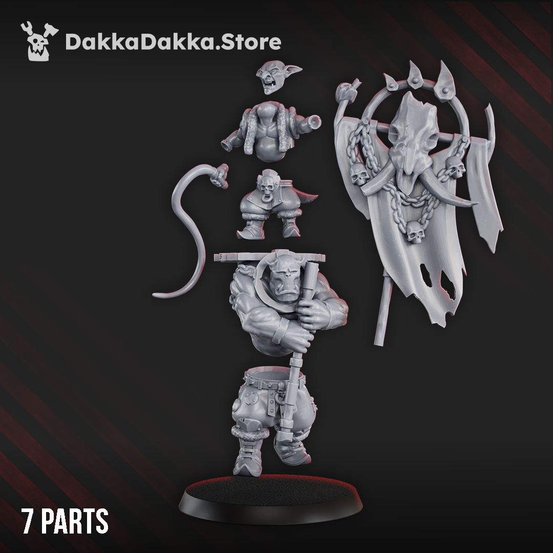 Seven-part Porkaz Banna Boy miniature set showing the orc banner bearer, goblin overseer, whip, massive skull-covered standard, body sections, and base.