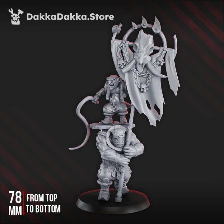 Front view of Porkaz Banna Boy, a sci-fi orc carrying a goblin overseer and an enormous tattered banner decorated with chains, skulls, and spikes.