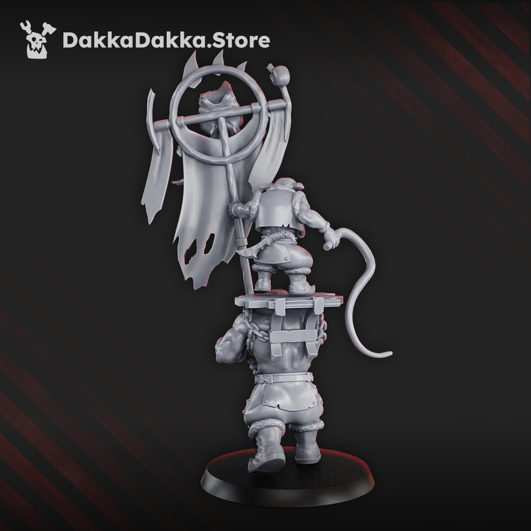 Rear view of Porkaz Banna Boy showing the banner framework, tattered cloth, elevated goblin with whip, carrying platform, and marching orc standard bearer.
