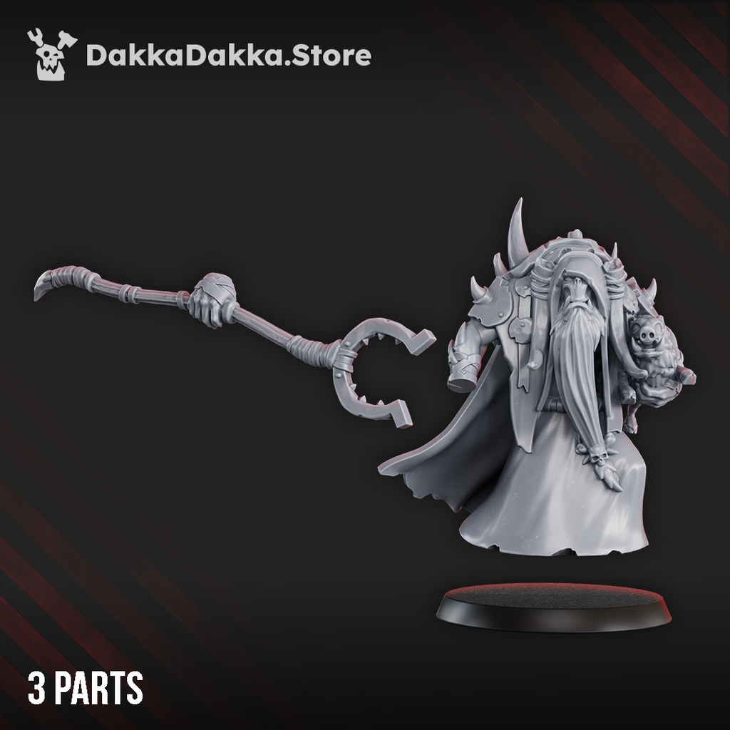 Three-part Porkaz Masta Zorgmot and Pigluz miniature showing the robed sci-fi orc mystic, hooked staff, skull-backed mantle, companion, and round base.
