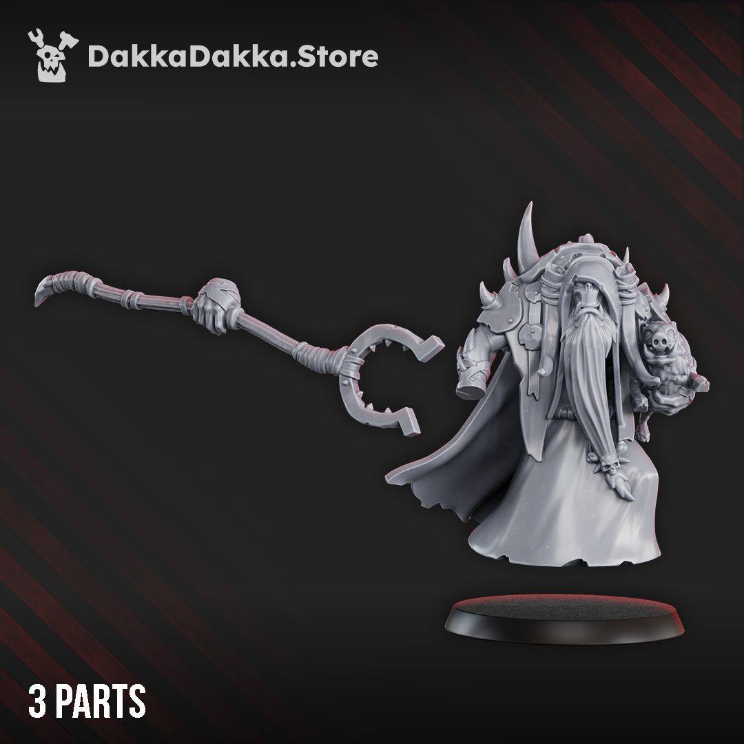 Three-part Porkaz Masta Zorgmot and Pigluz miniature showing the robed sci-fi orc mystic, hooked staff, skull-backed mantle, companion, and round base.
