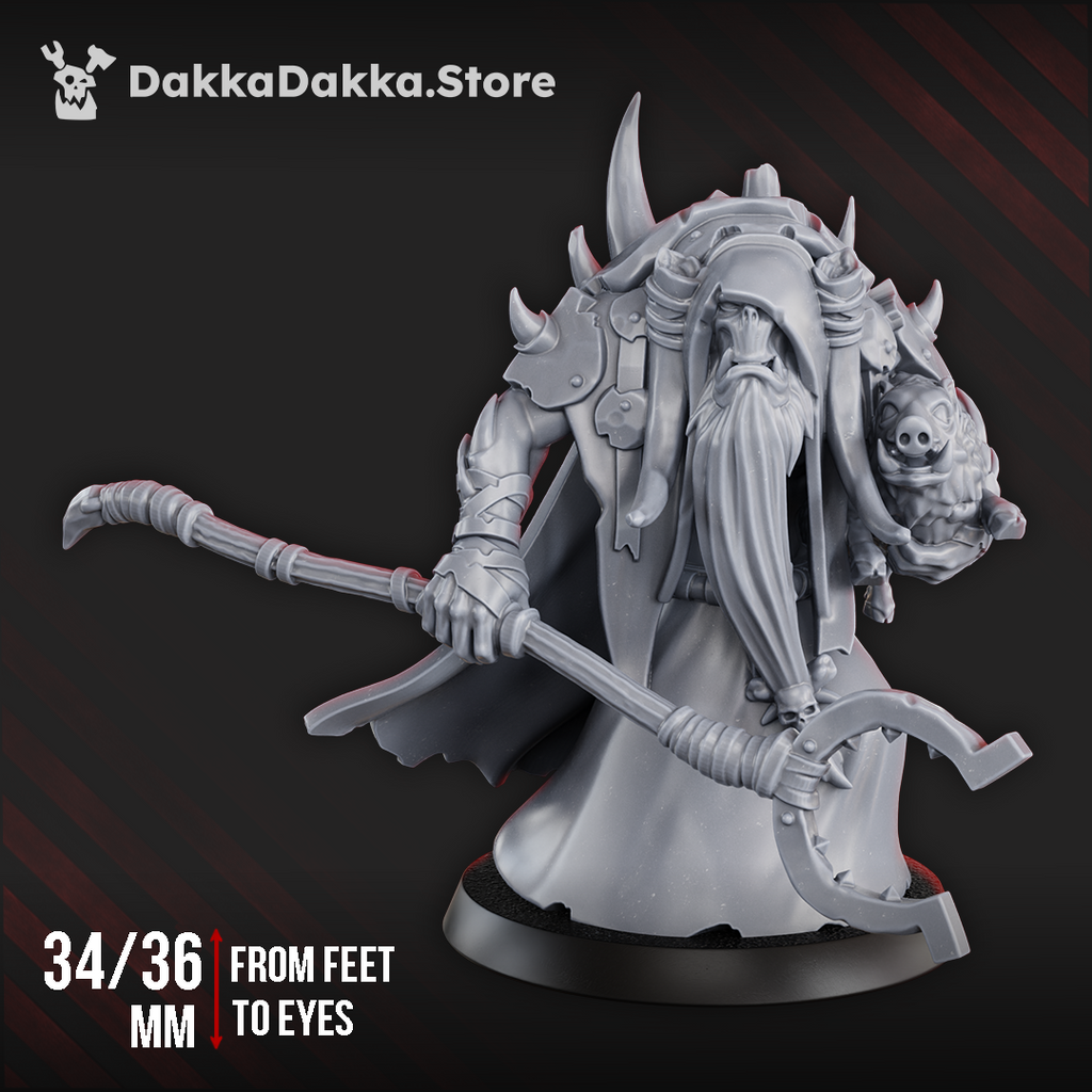 Front view of Porkaz Masta Zorgmot holding a long hooked staff with Pigluz beneath one arm, surrounded by robes, spiked armor, and a long beard.
