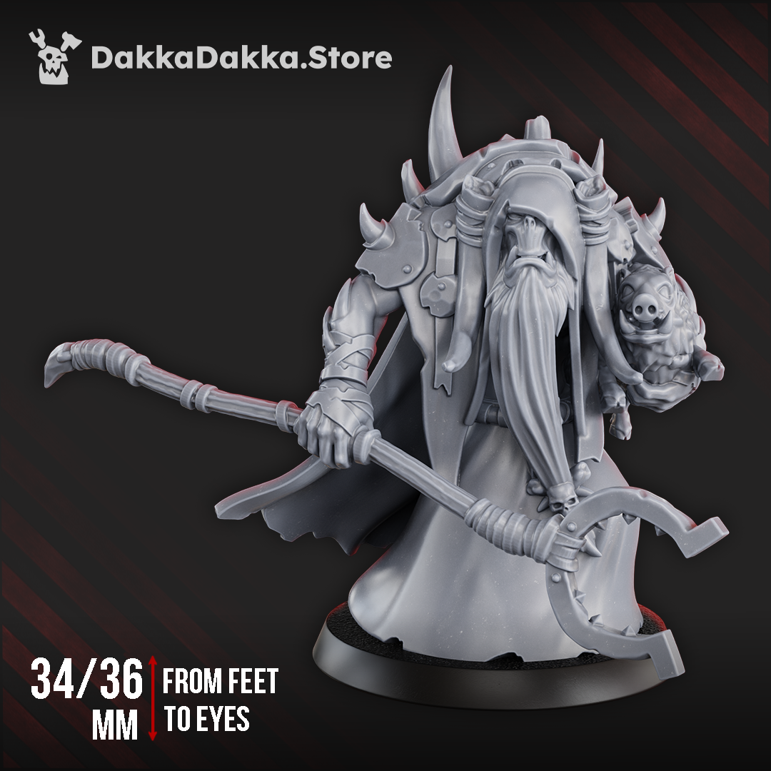 Front view of Porkaz Masta Zorgmot holding a long hooked staff with Pigluz beneath one arm, surrounded by robes, spiked armor, and a long beard.
