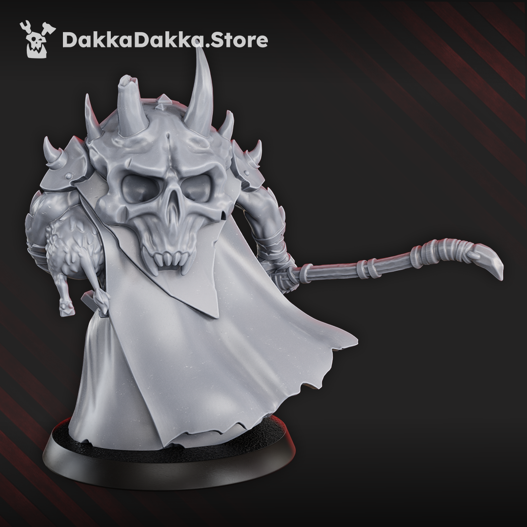 Rear view of Porkaz Masta Zorgmot showing the enormous horned skull mantle, flowing cloak, spiked shoulder armor, Pigluz, and hooked staff.
