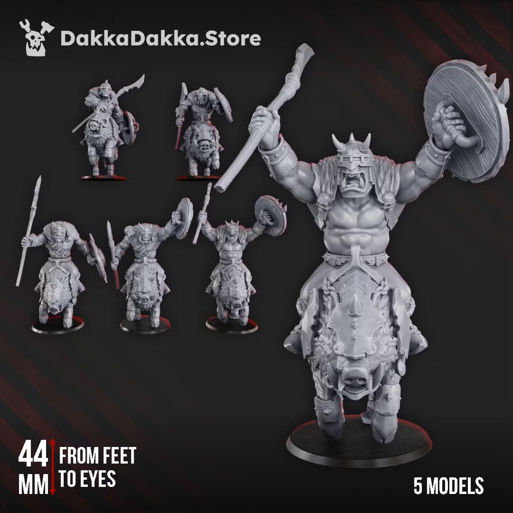 Five Porkaz Riderz mounted sci-fi orc cavalry models with armored beast mounts, shields, and spears