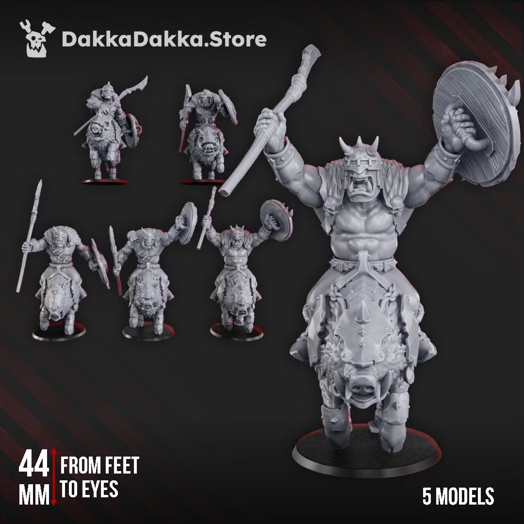 Five Porkaz Riderz mounted sci-fi orc cavalry models with armored beast mounts, shields, and spears