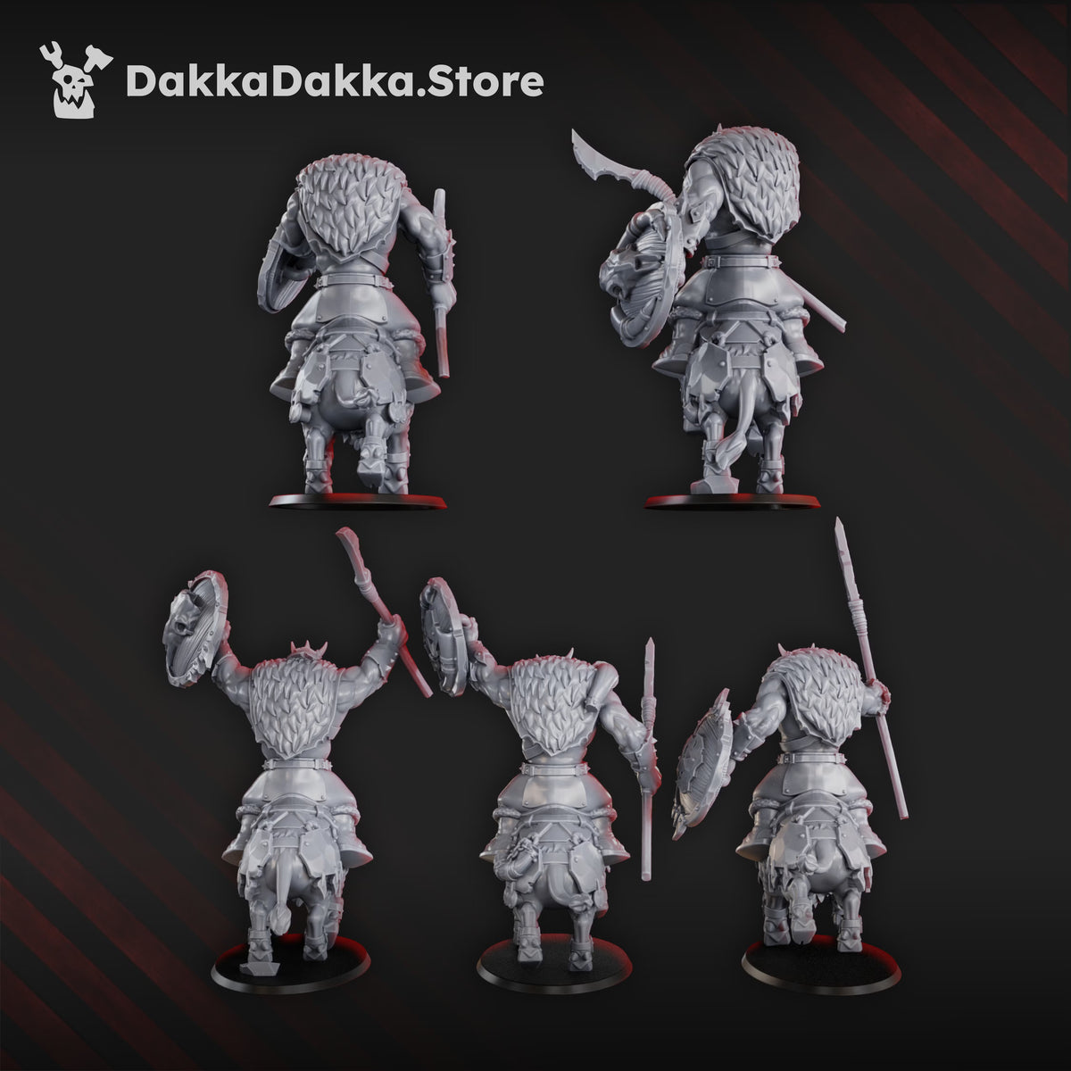 Rear views of Porkaz Riderz mounted sci-fi orc cavalry models showing armor and saddle details