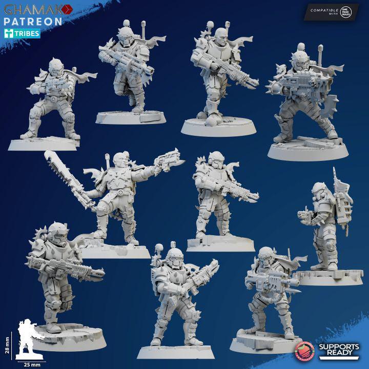 Preassembled 3D resin Harrowers miniature squad by Ghamak featuring high-detail corrupted human sci-fi soldiers.