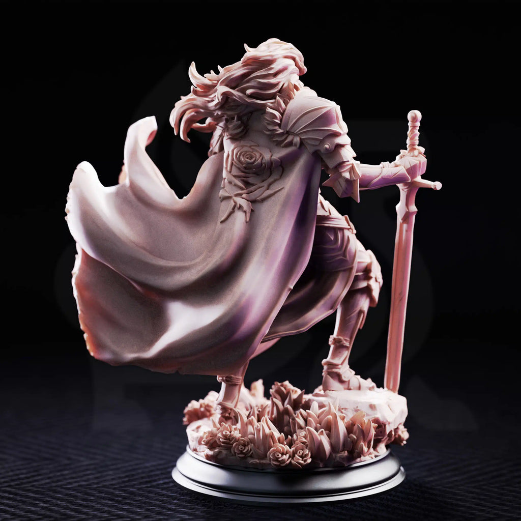 Rear view of Prince Charming by DM Stash, showing the noble knight’s flowing cloak, sword, long hair, armor details, and scenic floral base.