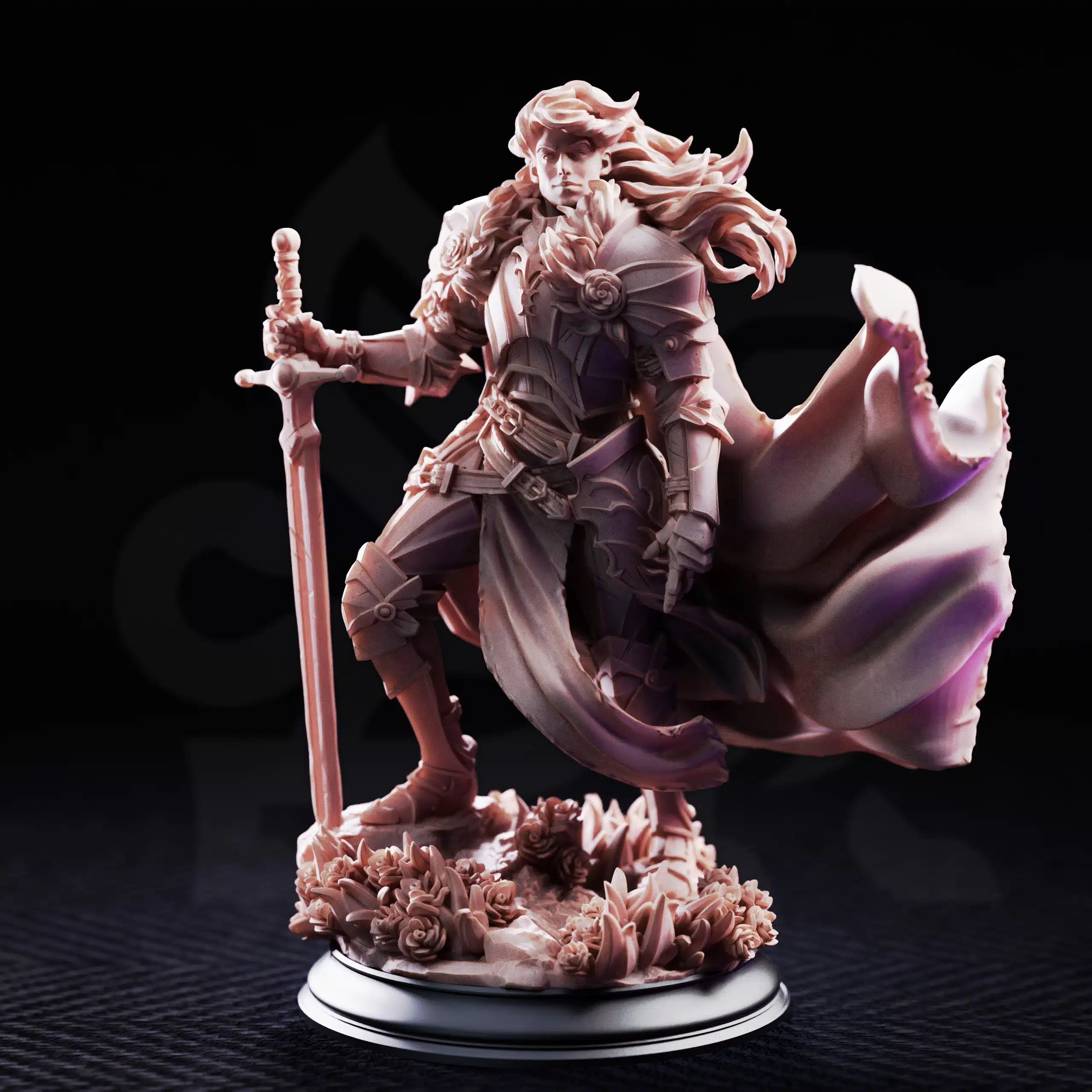 Front view of Prince Charming Noble Knight by DM Stash, showing a heroic fantasy knight with ornate armor, sword, flowing cape, and scenic rose-covered base.