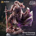 Prince Charming Noble Knight miniature by DM Stash, shown with ornate armor, long sword, flowing cloak, dramatic hair, and floral scenic base from The Tales Grimm.