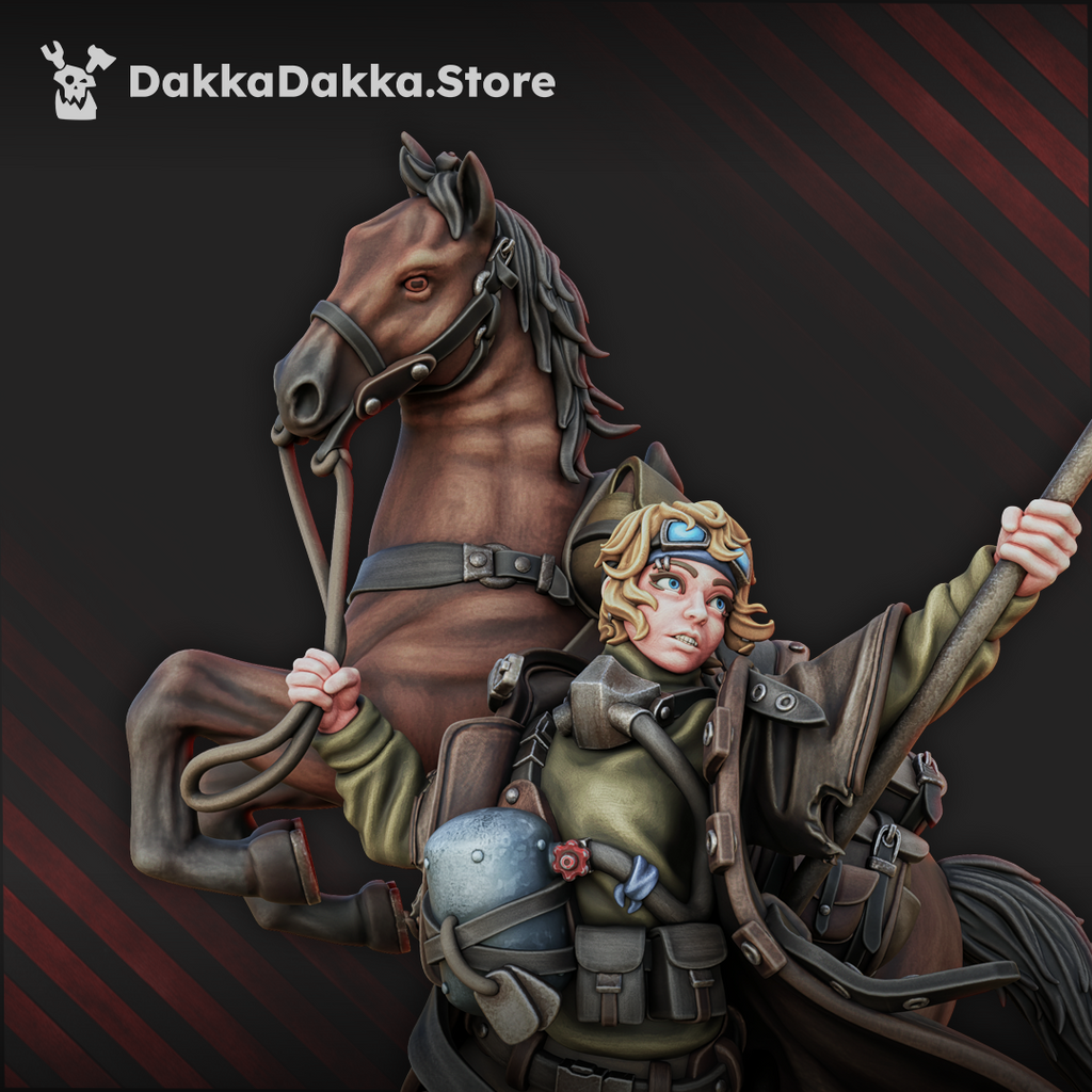 Princess Alcat by DakkaDakka close-up, showing a mounted female hero with horse, armor, banner, travel gear, and detailed character sculpt.