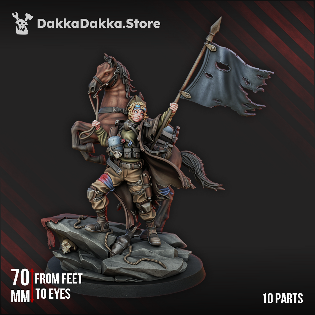 Princess Alcat mounted hero miniature by DakkaDakka, standing on a rocky scenic base with rearing horse, tattered banner, armor, and campaign gear.