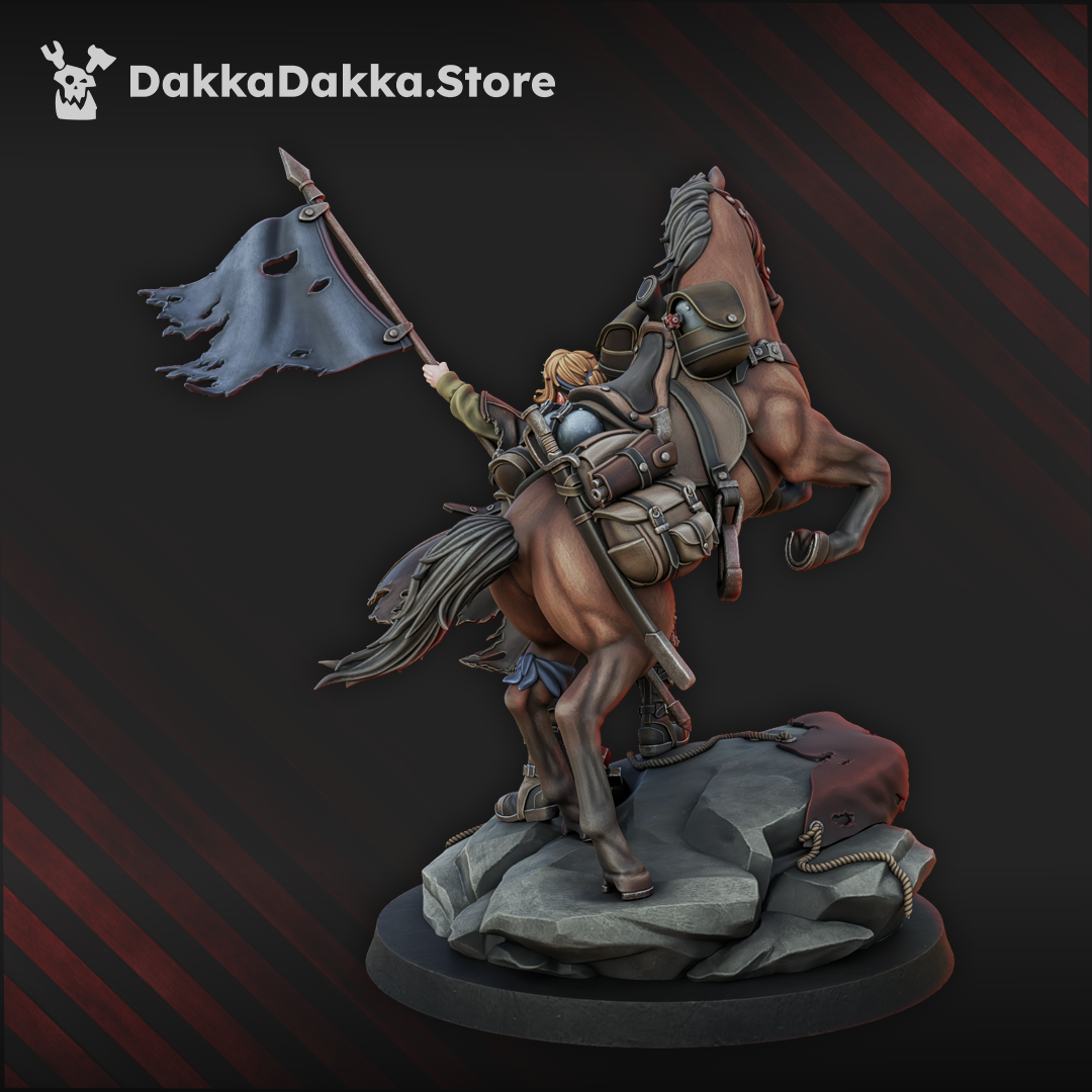 Rear view of Princess Alcat by DakkaDakka, showing the mounted horse, saddle gear, tattered banner, rocky base, and detailed back sculpt.