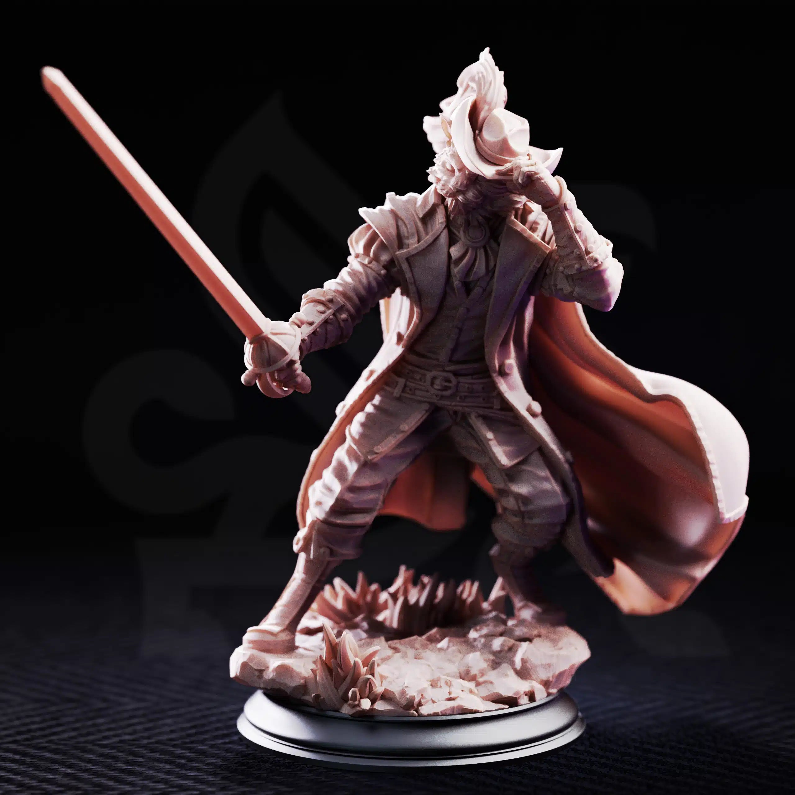 Front view of Puss-In-Boots by DM Stash, a tabaxi fencer miniature with a sword, feathered hat, long coat, and dynamic swashbuckling stance.