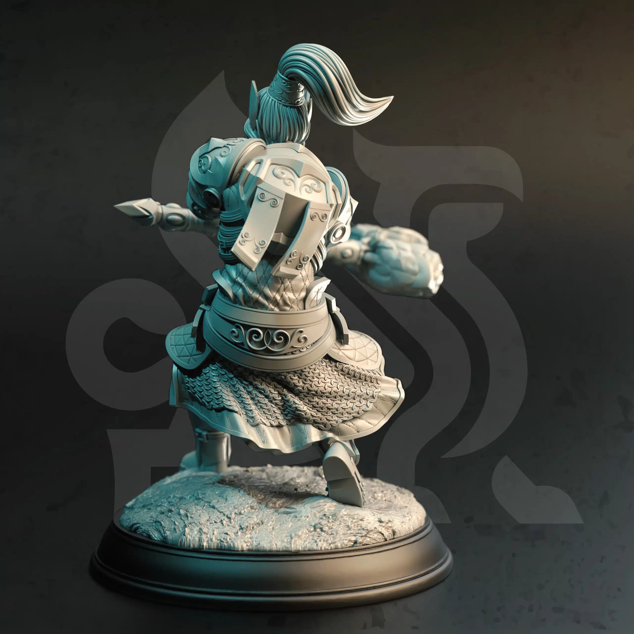 Rear view of Querina Cleric of the Arcane elf miniature by DM Stash, showing armor, flowing hair, cloak, polearm, and RPG base.