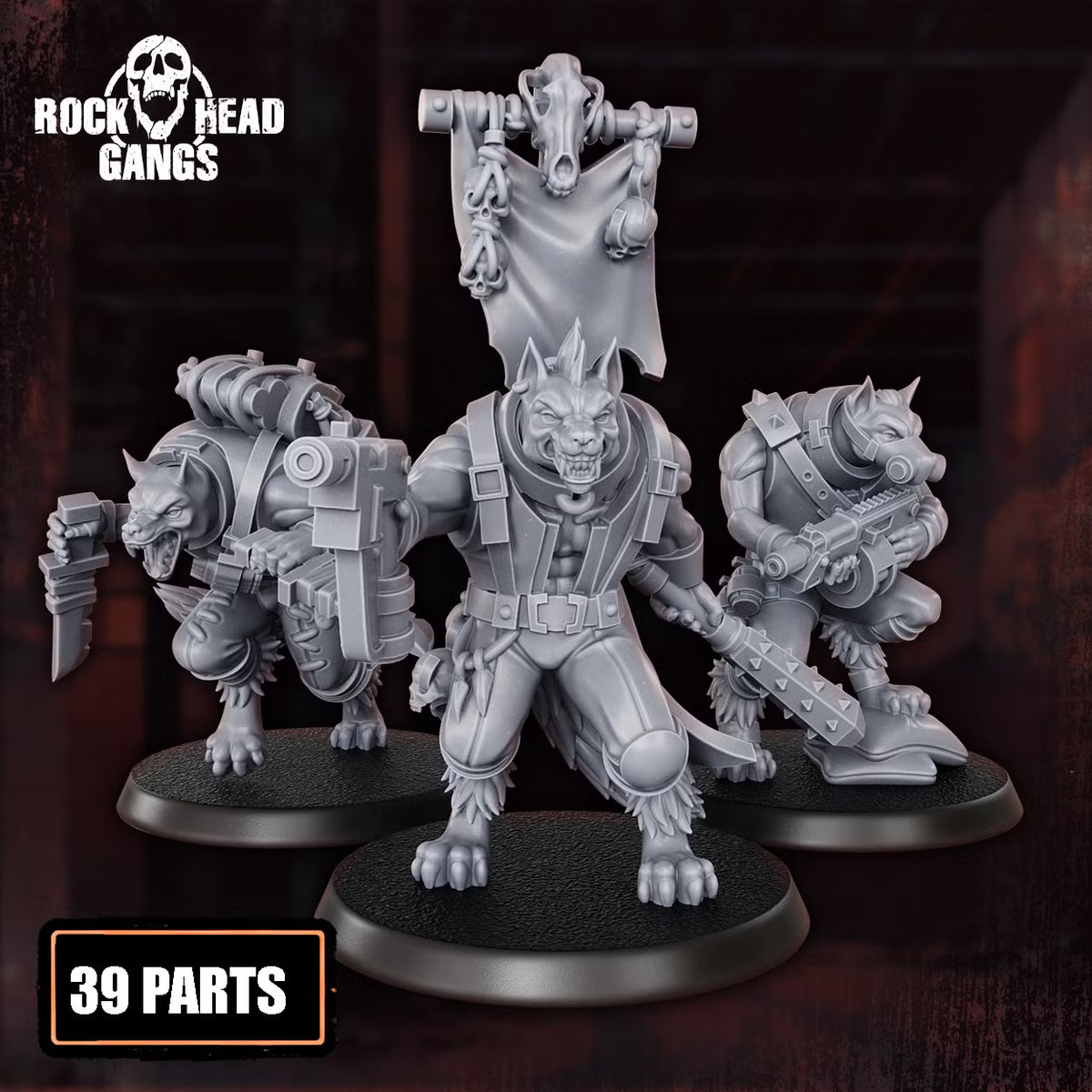 Close-up of three Rabid Godhound Cultists sci-fi miniatures