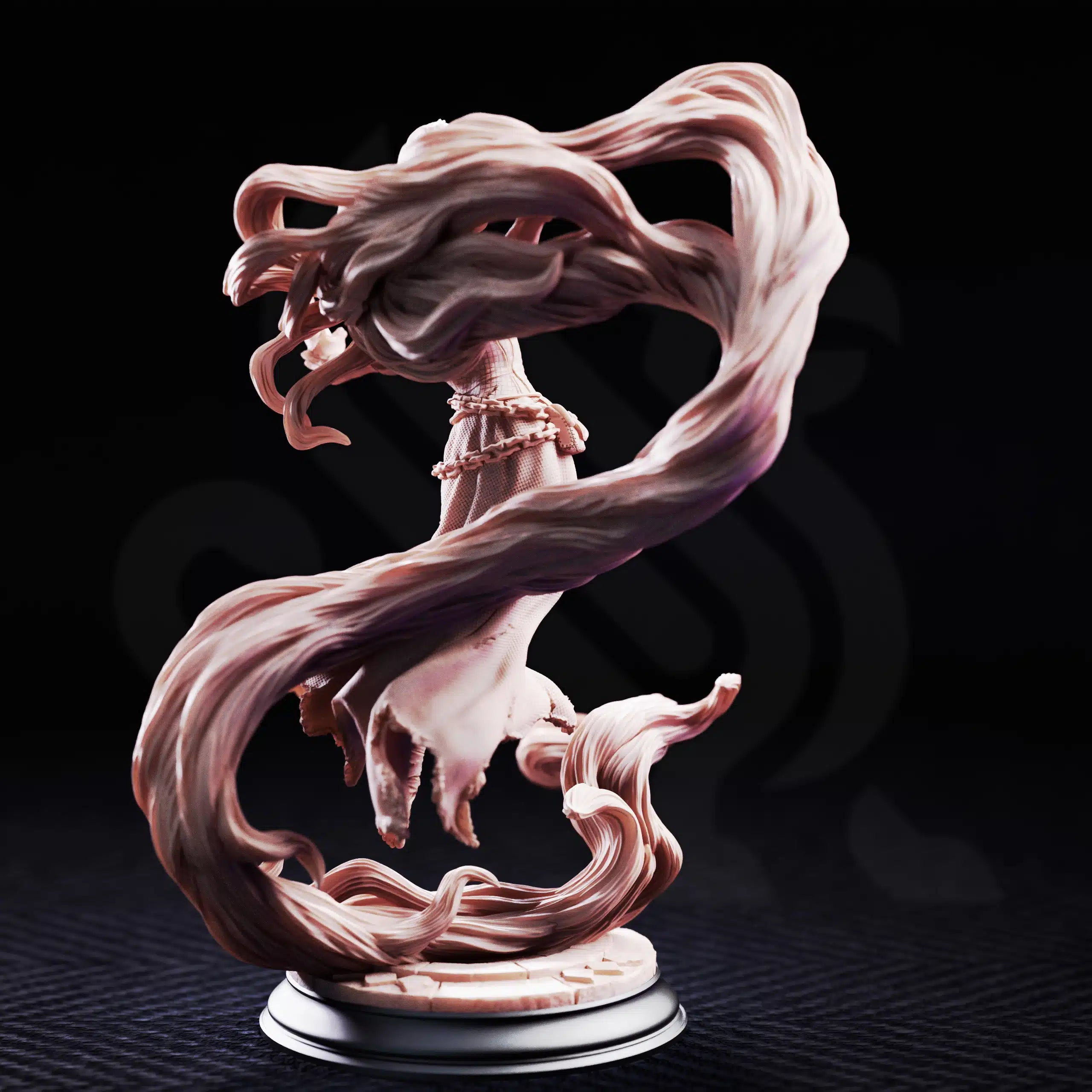 Rear view of Rapunzel the Mad by DM Stash, showing the flowing sculpted hair curling around the figure and base.
