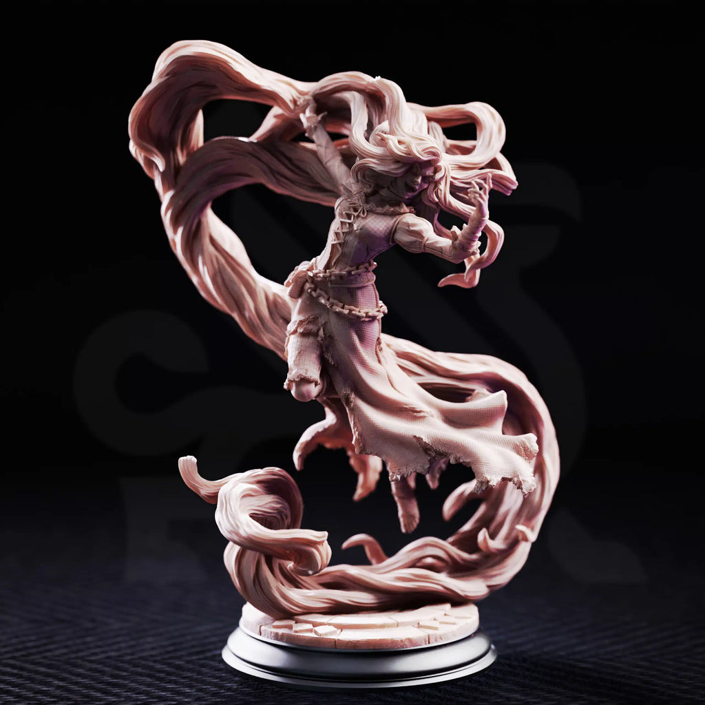 Front angled view of Rapunzel the Mad, a dark fairy-tale resin miniature with tattered dress, floating pose, and sweeping magical hair.