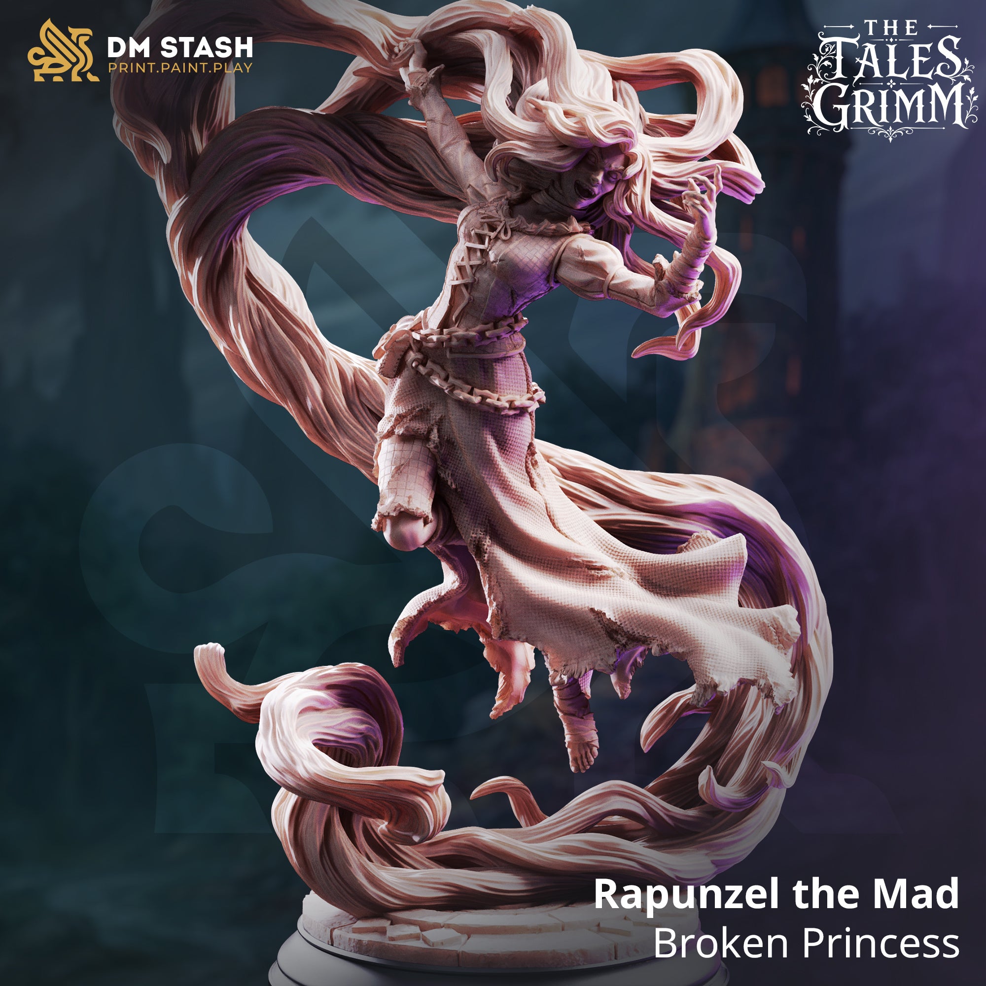 Rapunzel the Mad miniature by DM Stash, showing a floating broken princess surrounded by enormous swirling hair in a dramatic fantasy pose.