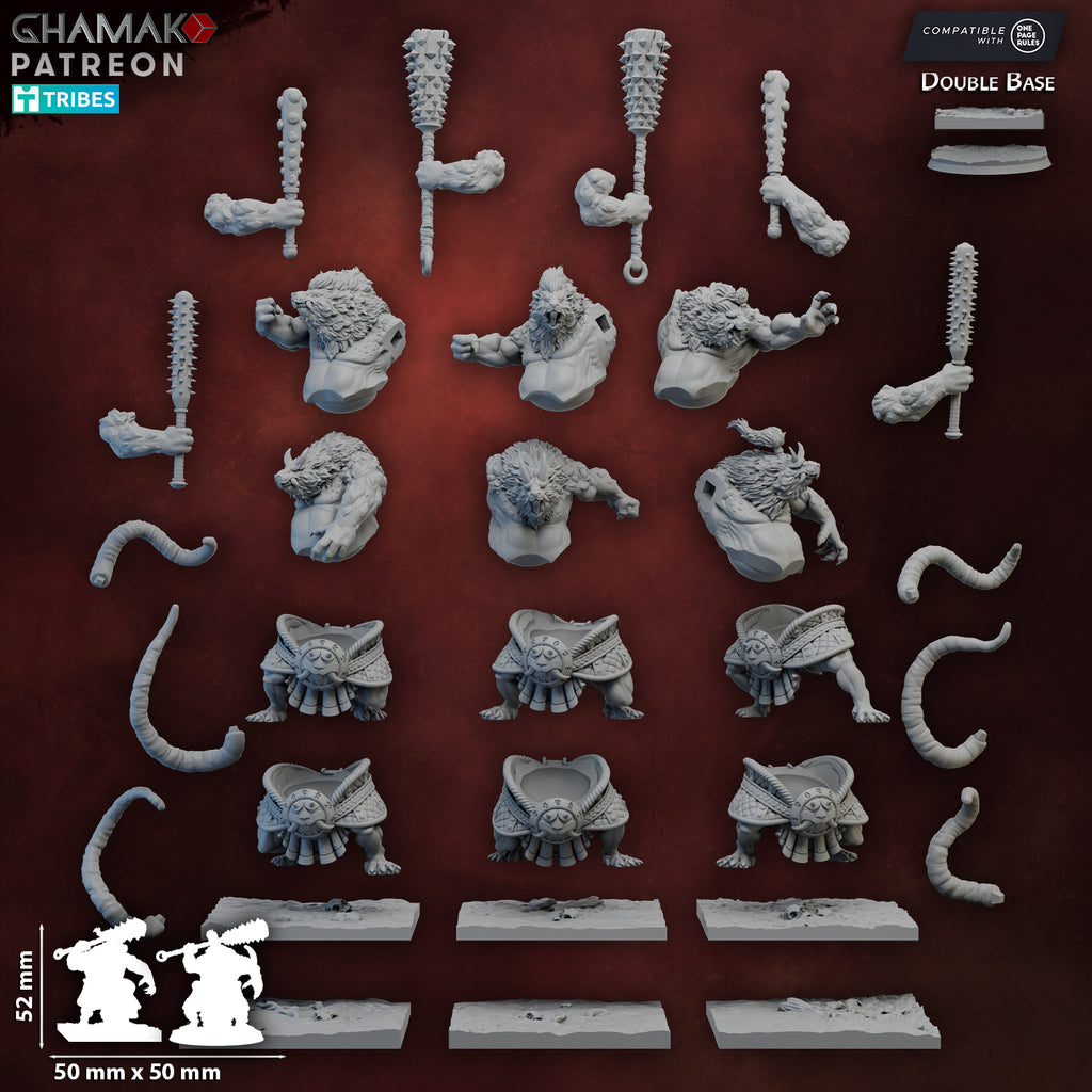 Modular components and resin bits for the RattOni Sumo miniature set by Ghamak, showing parts included for the 6-model ratfolk unit.