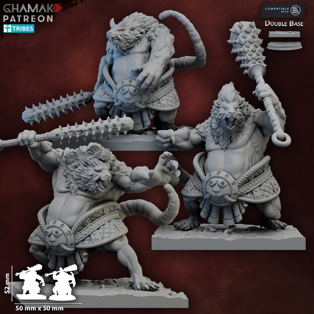 Close-up views of RattOni Sumo ratfolk miniatures by Ghamak showing fur texture, armor detail, expressive poses, and fantasy sumo-inspired designs.