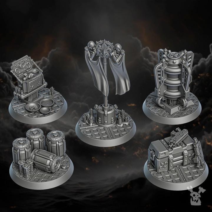 Set of five detailed 3D‑printed objective markers from the Order of Repentance by DakkaDakka, featuring gothic banners, supply crates, stacked canisters, machinery, and a glowing-style power node on round bases.